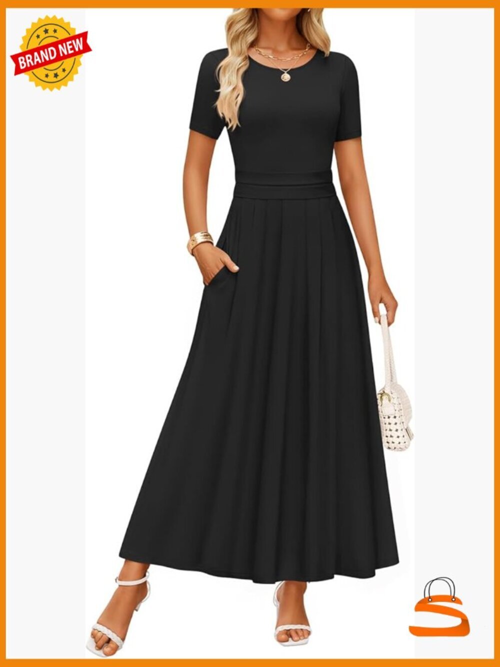 Summer Short Sleeve Maxi Dress Crewneck Pleated A-Line Flowy Midi Dress with